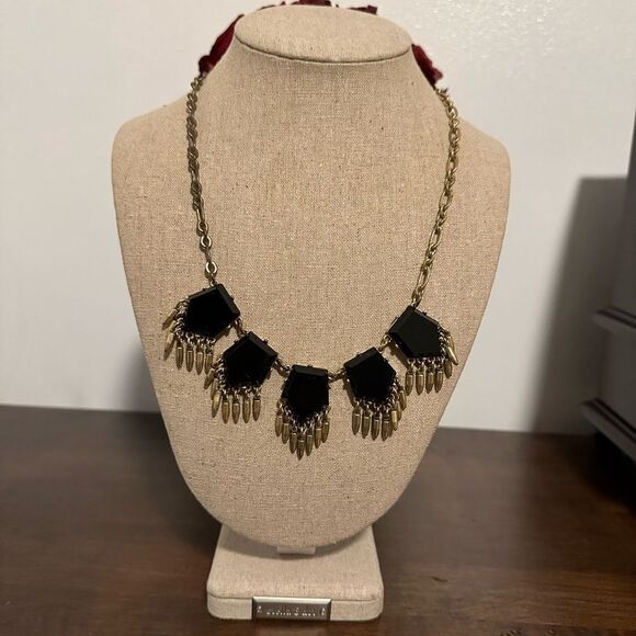 Vintage J Crew Gold Tone Deco Black Crystal Stone Bib Statement Necklace - Picture 1 of 3